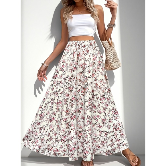 Women's High-Waisted Floral Maxi Skirt - 100% Polyester, Woven Fabric, Plant Pat - Picture 1 of 5